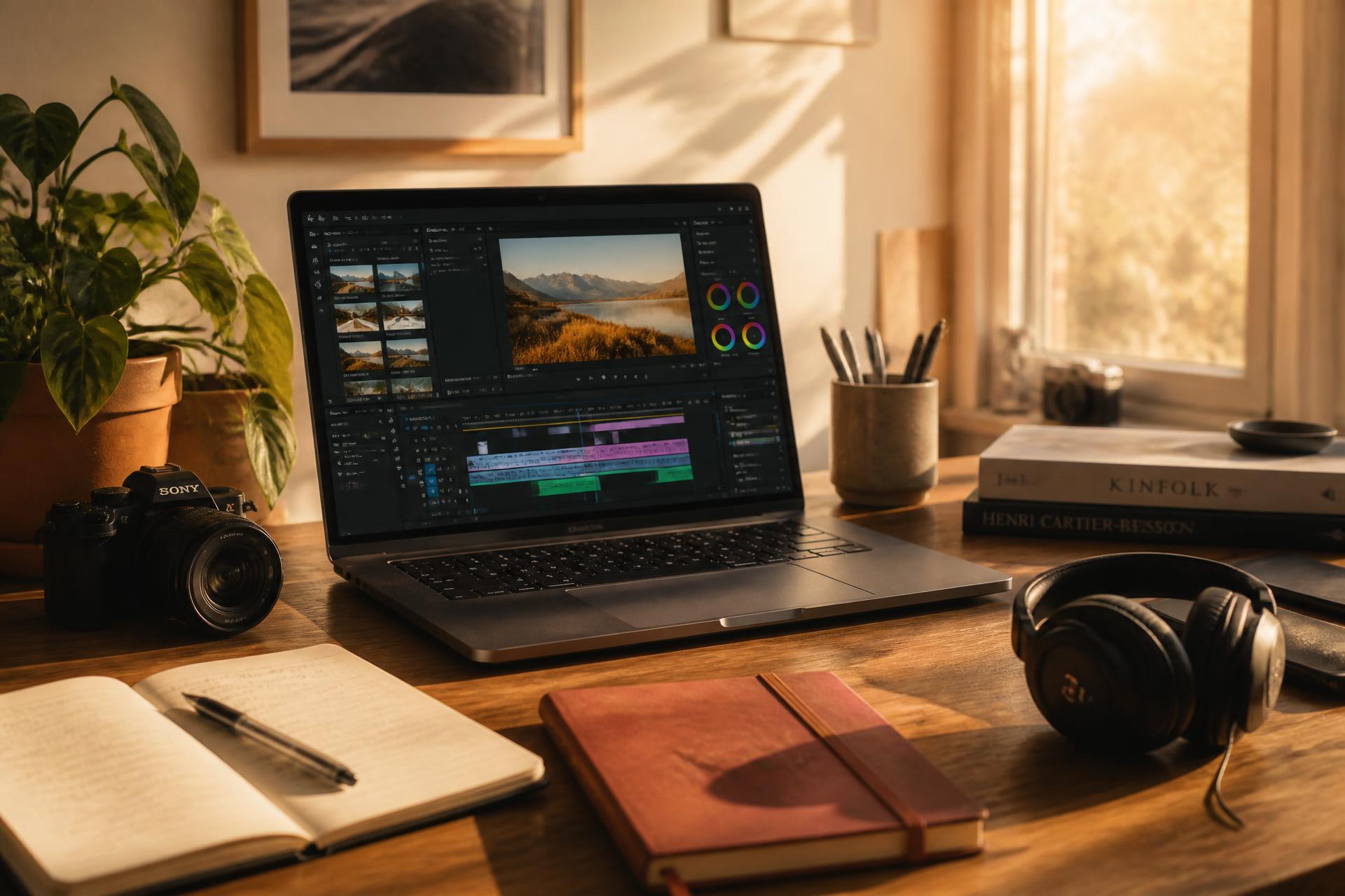Mesa de edição de vídeo com monitor e luz quente lateral